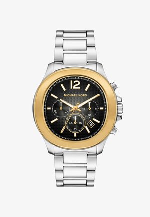Orologio cronografo con quadrante nero testurizzato, cassa in acciaio inossidabile oro e argento, bracciale argentato, dettagli in oro e funzione data.