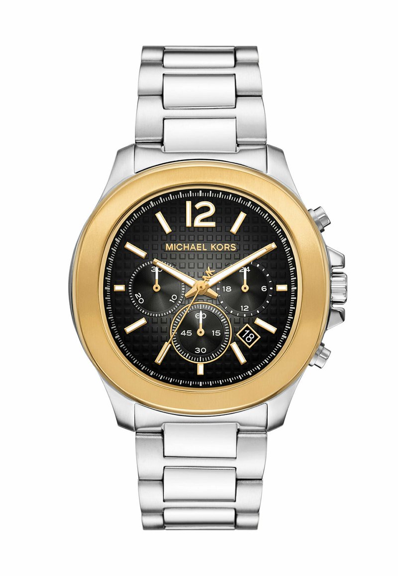 Orologio cronografo con quadrante nero testurizzato, cassa in acciaio inossidabile oro e argento, bracciale argentato, dettagli in oro e funzione data.