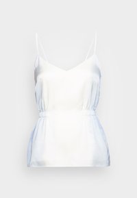 Camisola de seda azul clara e branca com decote em V, alças ajustáveis e cintura franzida para um ajuste ajustado. Textura suave e design casual.