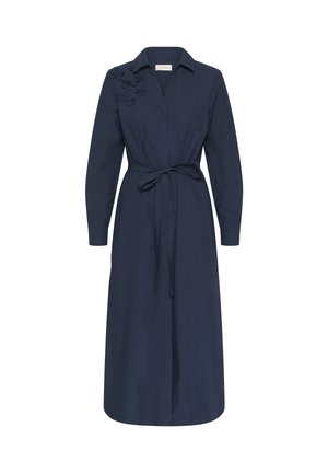 Tengerészes, hosszú ujjú ruha galléros nyakkivágással, derékmegkötővel és virágos hímzéssel a bal vállon. Simább anyagból készült.