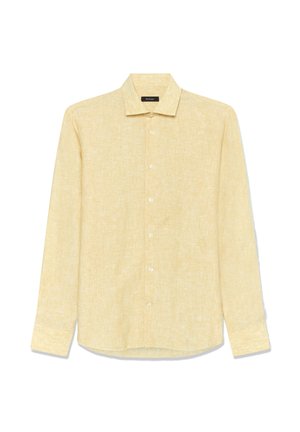 Gaiši dzeltena garām piedurknēm krekls no teksturētas auduma, ar smailu apkakli, priekšējo pogu slēģi un izliektu apakšu.