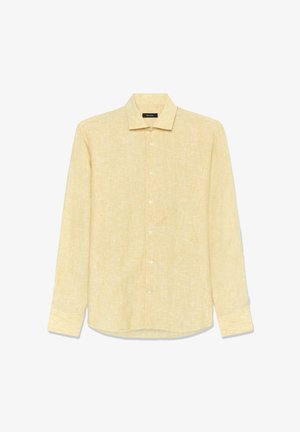 Gaiši dzeltena garām piedurknēm krekls no teksturētas auduma, ar smailu apkakli, priekšējo pogu slēģi un izliektu apakšu.