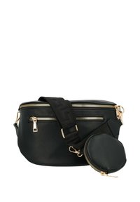 Borsa a tracolla nera in pelle con finitura testurizzata, cerniere dorate e un portamonete rotondo staccabile. Tracolla nera regolabile con dettagli a motivo.