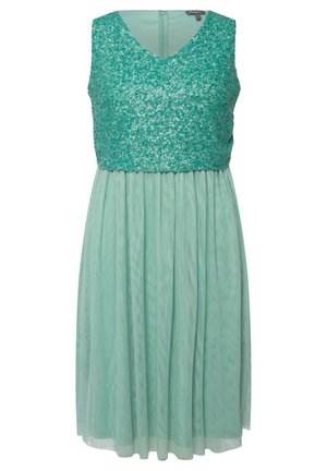 Een mouwloze jurk met een V-halsdesign, met een sprankelende turquoise pailletten lijfje en een vloeiende, geplooide mintgroene rok.