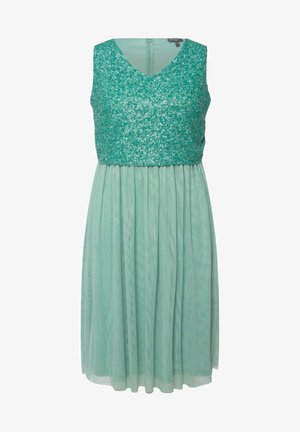 Een mouwloze jurk met een V-hals. Het bovenstuk is voorzien van turquoise pailletten, terwijl de rok is gemaakt van een licht, geplooid stof in mintgroen. Achterkant sluiting zichtbaar.
