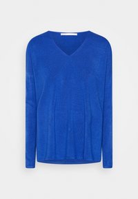 Pull en tricot bleu à manches longues avec col en V et coupe décontractée, présenté sur un fond blanc uni.