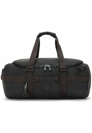 Black duffle bag with durable nylon material, featuring a top zipper closure, two handles, and a side pocket. Includes branded monkey keychain.