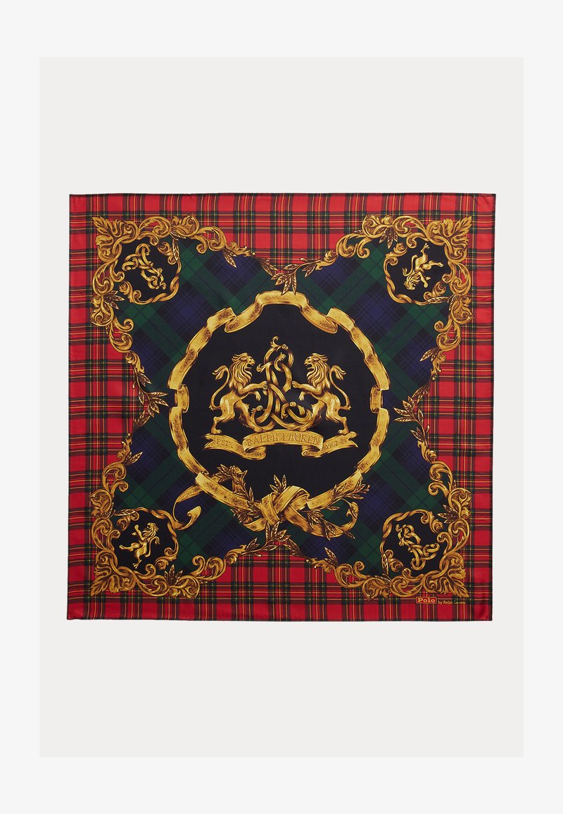 Τετράγωνο μαντήλι με κόκκινο tartan περίγραμμα, πράσινο και ναυτικό καρό κέντρο, χρυσά διακοσμητικά λιοντάρια και έμβλημα με κείμενο "Ralph Lauren" στη μέση.