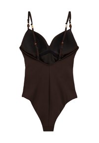 Tmavohnedý priliehavý body s nastaviteľnými tenkými ramienkami a tvarovanými košíčkami, zobrazený na bielom pozadí.