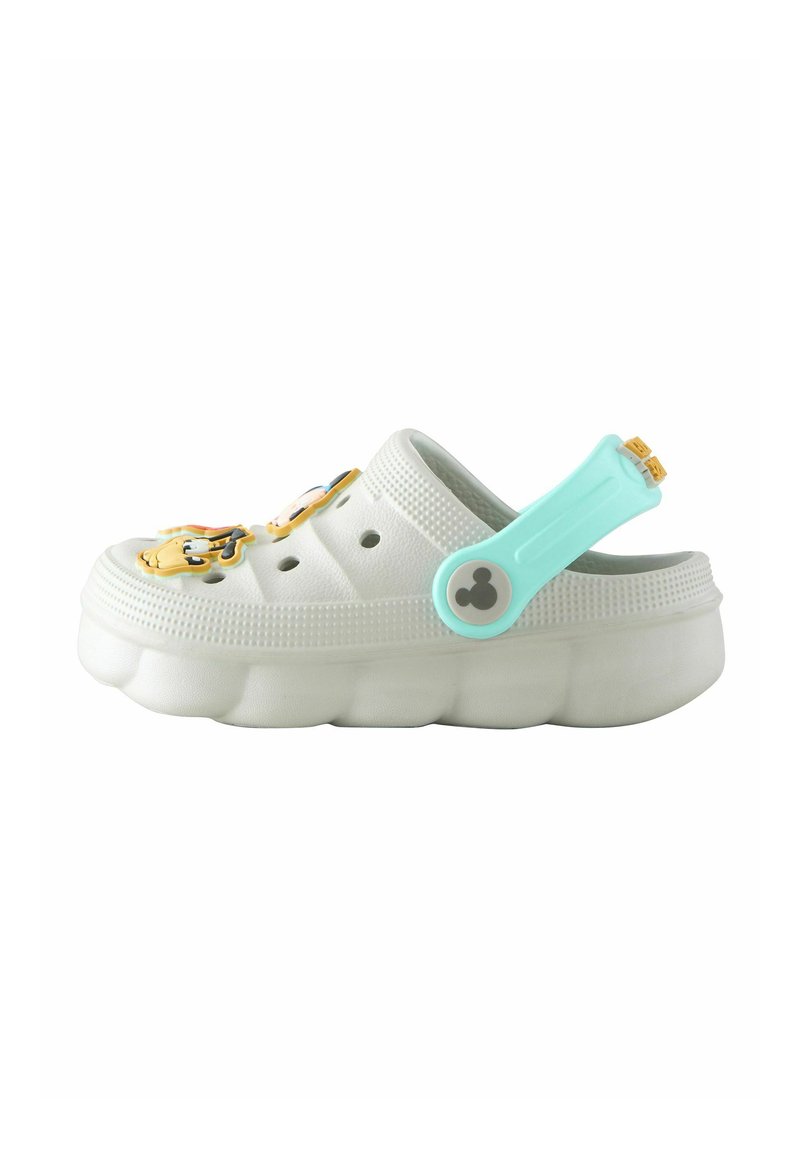 White clogs with a textured surface, featuring yellow and blue character designs and a mint green adjustable heel strap.