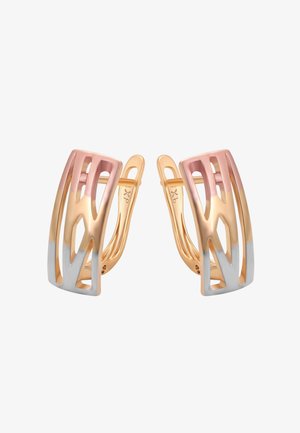 Orecchini in una combinazione di oro rosa e tono argento con tagli geometrici, forme curve e una finitura lucida. Design leggero con chiusure sicure.