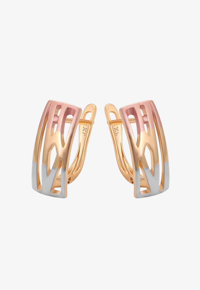 Roosa kuld ja hõbetooni kõrvarõngad, millel on geomeetrilised lõiked, kaarduvad kujundid ja poleeritud viimistlus. Kerge disain, kindlad kinnitused.