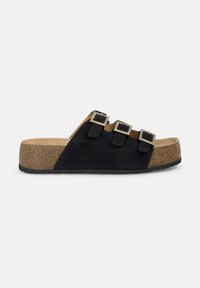 Sandali estivi neri in suede con tre cinturini regolabili, dotati di fibbie quadrate decorate con pietre preziose. Soletta in sughero, suola in gomma piatta e design casual.