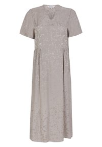 Abito beige a maniche corte con scollo a V, caratterizzato da un motivo testurizzato e una vita arricciata, che arriva fino al ginocchio. Include due tasche laterali.