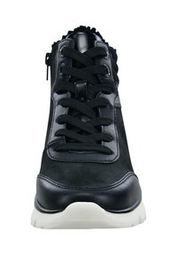 Black sneaker with a combination of leather and suede materials. Features lace closure, a zipper, and a textured sole. Smooth and matte finishes.