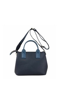 Navy blue leather handbag with a textured finish, dual handles, and a detachable shoulder strap. Features gold-tone hardware and zip closure.
