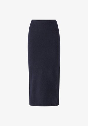 Marineblaues, knielanges Bleistiftrock aus einem weichen, strukturierten Stoff mit tailliertem Schnitt und glattem Bund, ohne sichtbare Verschlüsse.