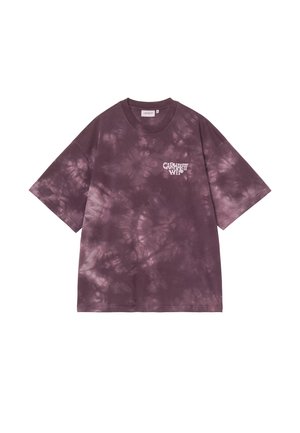 Lilla og hvid tie-dye t-shirt med korte ærmer med lille hvidt "CARHARTT WIP" logo på venstre bryst og rund hals.
