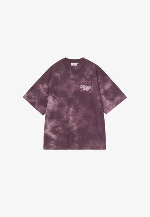 T-shirt a maniche corte tie-dye viola e bianco con piccolo logo bianco "CARHARTT WIP" sul petto sinistro e scollo a girocollo.