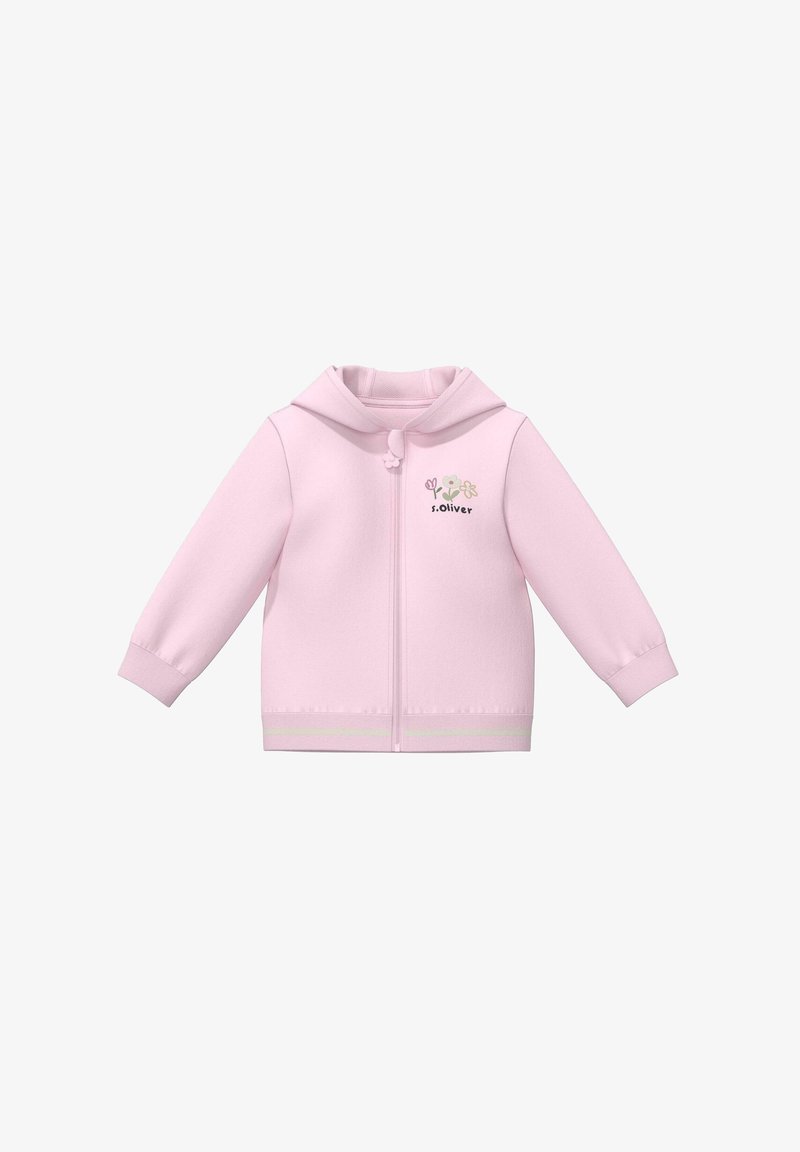 Jasnoróżowa dziecięca bluza z kapturem na suwak z przodu, z kapturem, ściągaczami na rękawach oraz drobnym kwiatowym wzorem i napisem "s.oliver" na piersi.