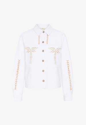Veste blanche à boutons avec broderies florales sur la poitrine, les manches et le col, dotée de deux poches avant et d'un col classique.