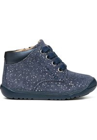 Mid-top navy blue suede shoes with a glittery finish, round toe, two eyelets, and rubber outsoles for traction.