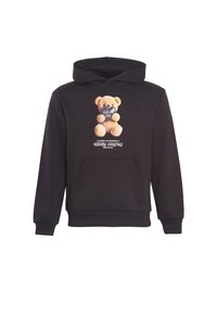 Czarna bluza z kapturem z grafiką z przodu przedstawiającą pluszowego misia z napisem „CLOSURE LDN” oraz „MODERN ESSENTIALS” w białym kolorze. Zawiera kieszeń typu kangur.