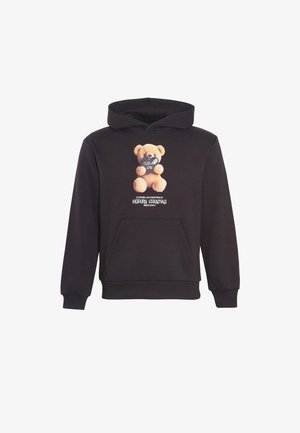Schwarzer Hoodie mit einer Frontgrafik eines Teddybären und dem Text "CLOSURE LDN" sowie "MODERN ESSENTIALS" in Weiß. Mit Kängurutasche.