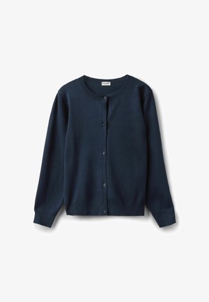 Granatowy kardigan wykonany z miękkiego materiału, z okrągłym dekoltem, długimi rękawami i zapięciem na sześć guzików z przodu. Minimalistyczny design bez wzorów.