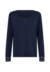 Navy long-sleeve top with a V-neck and lace detailing at the cuffs. Soft texture, relaxed fit, and a simple, classic design.