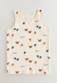 Top in crema chiaro con un motivo vivace di leoni, tigri, elefanti e coccodrilli in tonalità di marrone, verde e blu. Tessuto morbido.