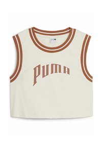 Top senza maniche tagliato in cotone crema con colletto a coste rigate marroni. Presenta il logo "PUMA" in un font curvo e audace sulla parte anteriore.