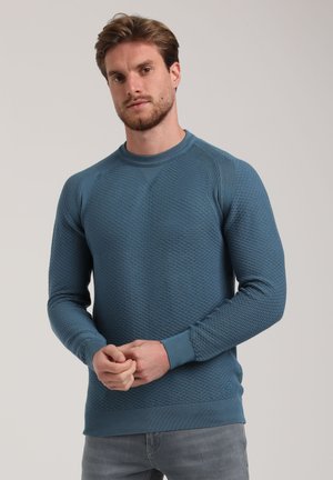 Blauwe sweatshirt met textuur, rond de hals, met ribgebreide manchetten en zoom. Heeft een ruitpatroon, aansluitende pasvorm en logo-detail aan de onderkant.