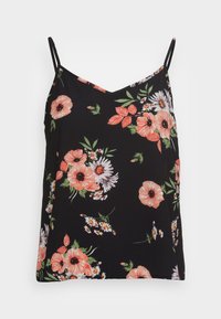 Top de alças preto com padrão floral, apresentando um decote em V, alças finas e flores vibrantes em rosa, branco e verde, com detalhes de folhas. Tecido com textura suave.
