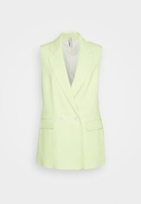 Jasnozielona, bezrękawnikowa marynarka wykonana z tkaniny o teksturowanym wykończeniu. Posiada klapy z wycięciami, podwójne zapięcie na guziki oraz dwie przednie kieszenie.