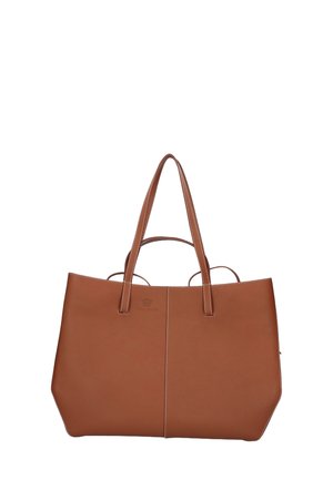 Bolso tote de cuero marrón con dos asas resistentes. Presenta una forma plana, costuras blancas contrastantes y un detalle de costura central.