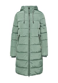Manteau matelassé à capuche en vert discret, avec fermeture éclair, poches latérales et accents avec cordon de serrage. Matériau lisse et brillant avec une texture en grille.