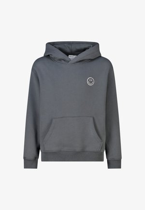 Sweat à capuche gris foncé avec poche avant et petit visage souriant blanc avec un œil barré sur la poitrine.