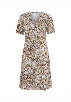 Rochie cu mânecă scurtă și decolteu în V, având un model geometric multicolor în tonuri de pământ, confecționată dintr-un material neted și ușor.