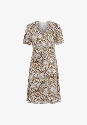 Trumpas rankovėmis suknelė su V formos iškirpte, puošta daugiaspalve geometrine raštu žemės atspalviais, pagaminta iš lygaus, lengvo audinio.