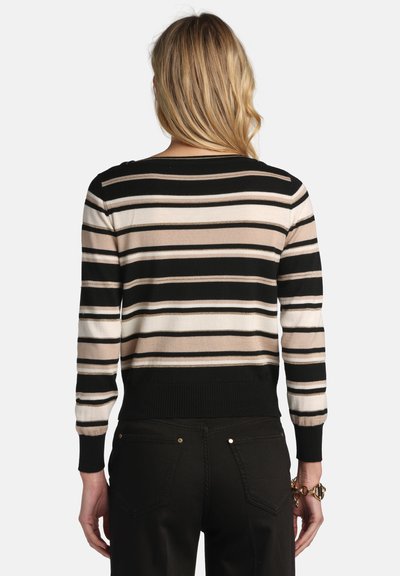 Adīts džemperis ar melnām, krēmkrāsas un taupes horizontālām svītrām, ar apaļu kakla izgriezumu un ribotu apakšu un aprocēm.