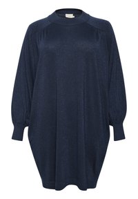 Robe bleu marine avec une texture douce et brillante, dotée d'un col montant, de longues manches bouffantes et d'une silhouette ample et arrondie.