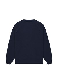 Laivastonsininen neulottu pusero, jossa pitkät hihat, pyöreä pääntie sekä resorit hihansuissa ja helmassa. Sileä pinta, ei näkyviä kuvioita tai koristeita.