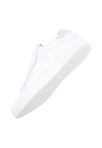 White sneaker with a smooth leather upper, textured gray heel accent, and a rubber sole featuring a patterned grip for traction.