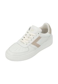 Weiße Leder-Sneaker mit beigefarbenen Akzenten, durchlöcherter Zehenpartie und flachen Schnürsenkeln. Verfügt über eine strukturierte Sohle und ein Logo auf der Zunge.