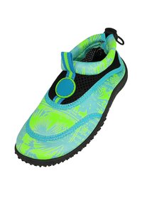 Aquatische schoen met een blauw en groen patroon, netaccenten, een zwarte rubberen zool en een trekhaak voor gemakkelijk aan- en uittrekken.