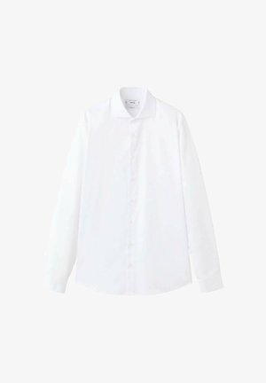 Biała koszula z długim rękawem, wykonana z gładkiej tkaniny, z ostrym kołnierzykiem i zapięciem na guziki z przodu. Prosta, bez wzorów i ozdób.