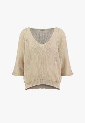 Beige losgebreide V-hals trui met driekwartmouwen en geribbelde zoom, aan de achterkant iets langer.