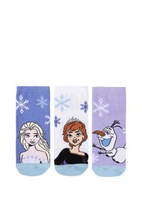 Tre paia di calzini a metà gamba con personaggi di "Frozen." Colori: azzurro chiaro, bianco, lavanda con motivi di fiocchi di neve e design di cartoni animati.