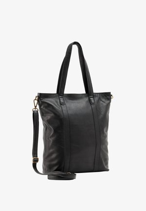 Black leather tote bag with a smooth texture, dual top handles, and adjustable shoulder strap. Features a centered seam detail.
